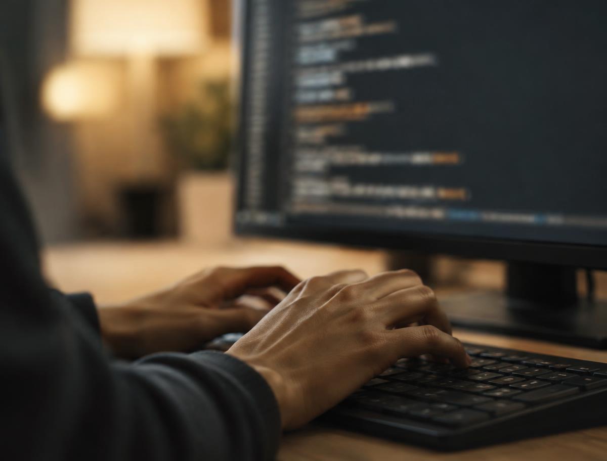 Hands typing on a keyboard in front of a monitor displaying code